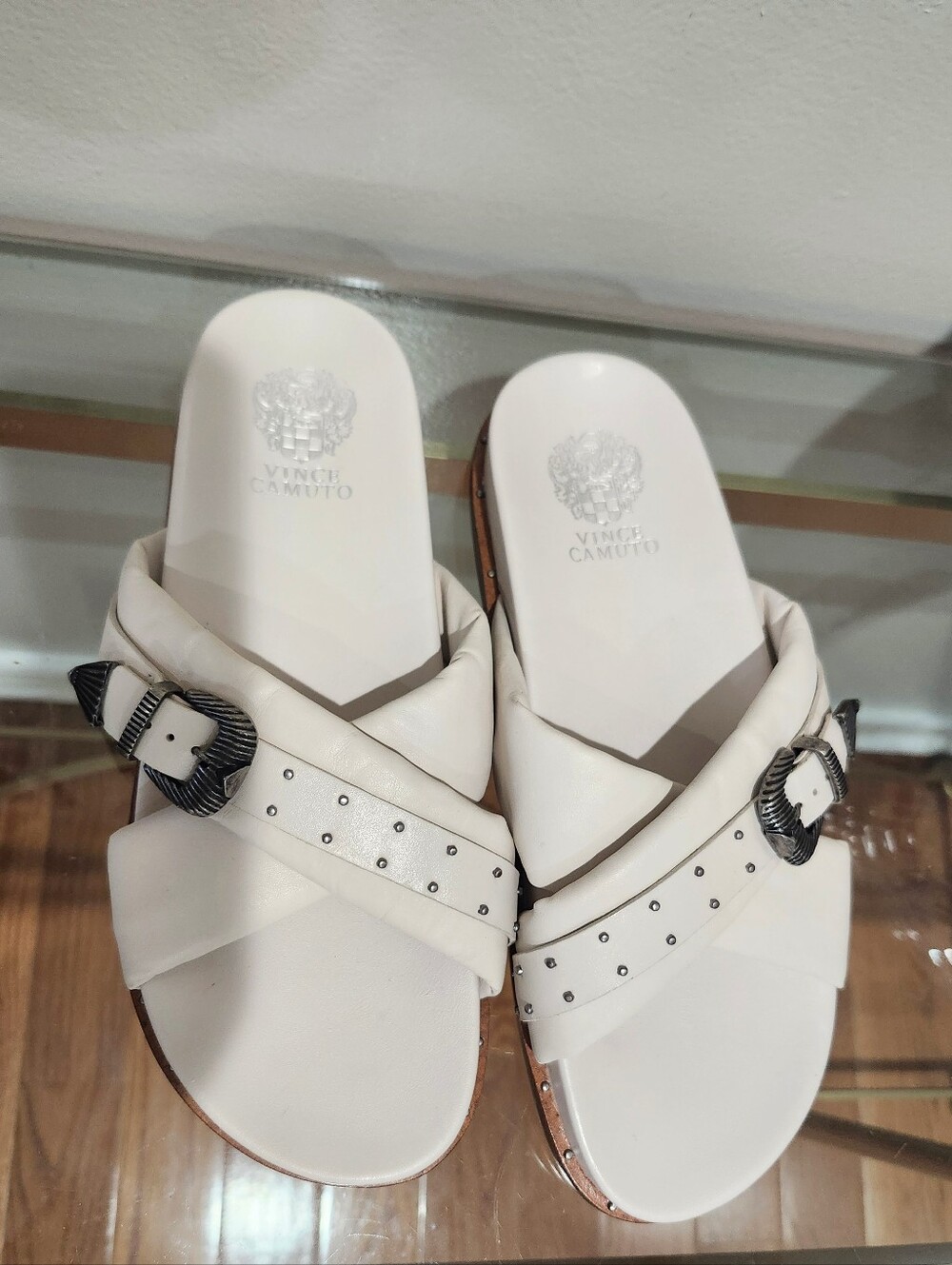 Vince Camuto Cream Studded Buckle Slide Leather Sandals
